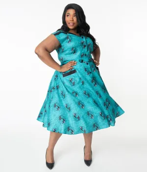 Unique Vintage Plus Size Aqua Vampire Mermaid Print Hedda Swing Dress