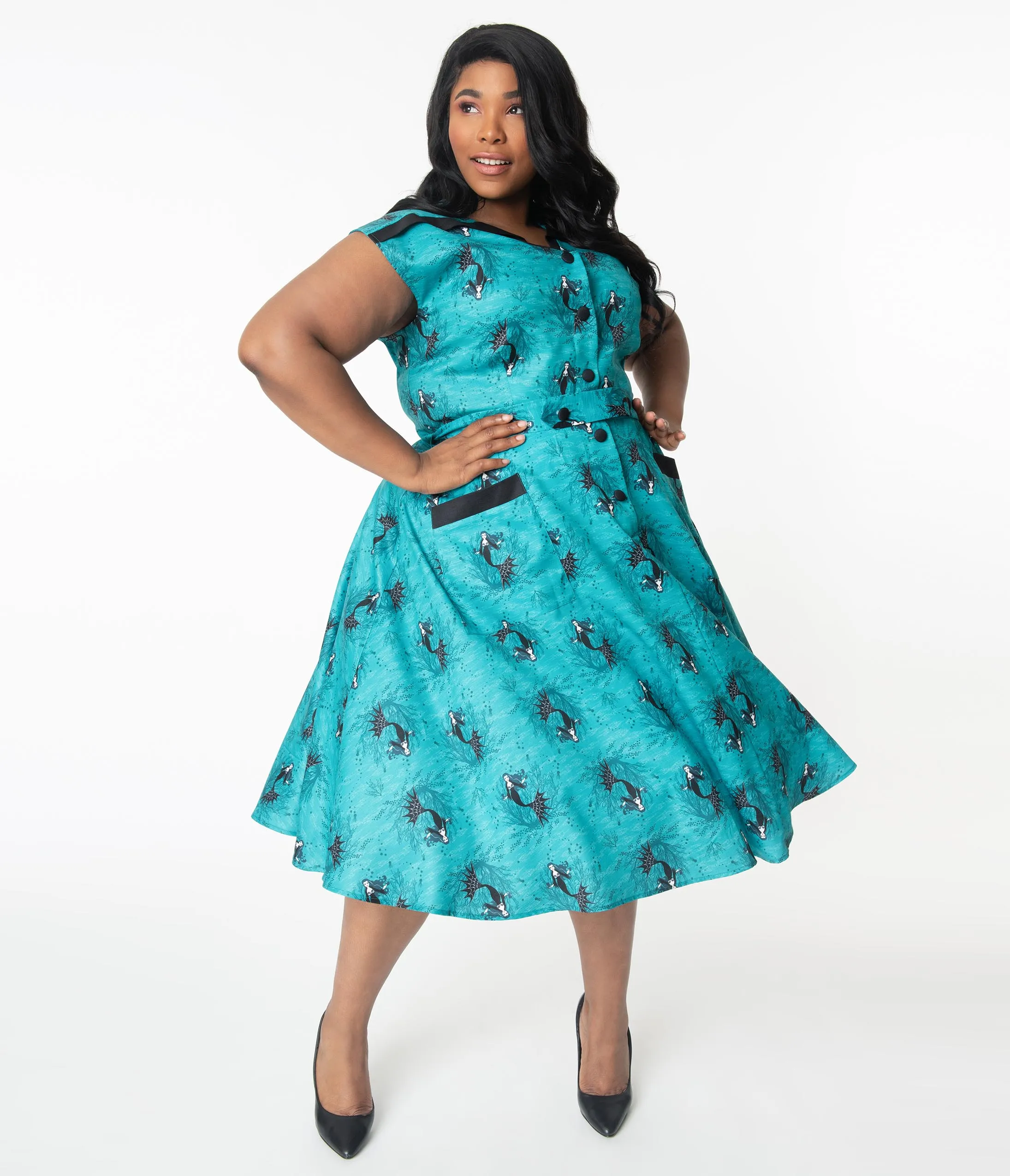 Unique Vintage Plus Size Aqua Vampire Mermaid Print Hedda Swing Dress