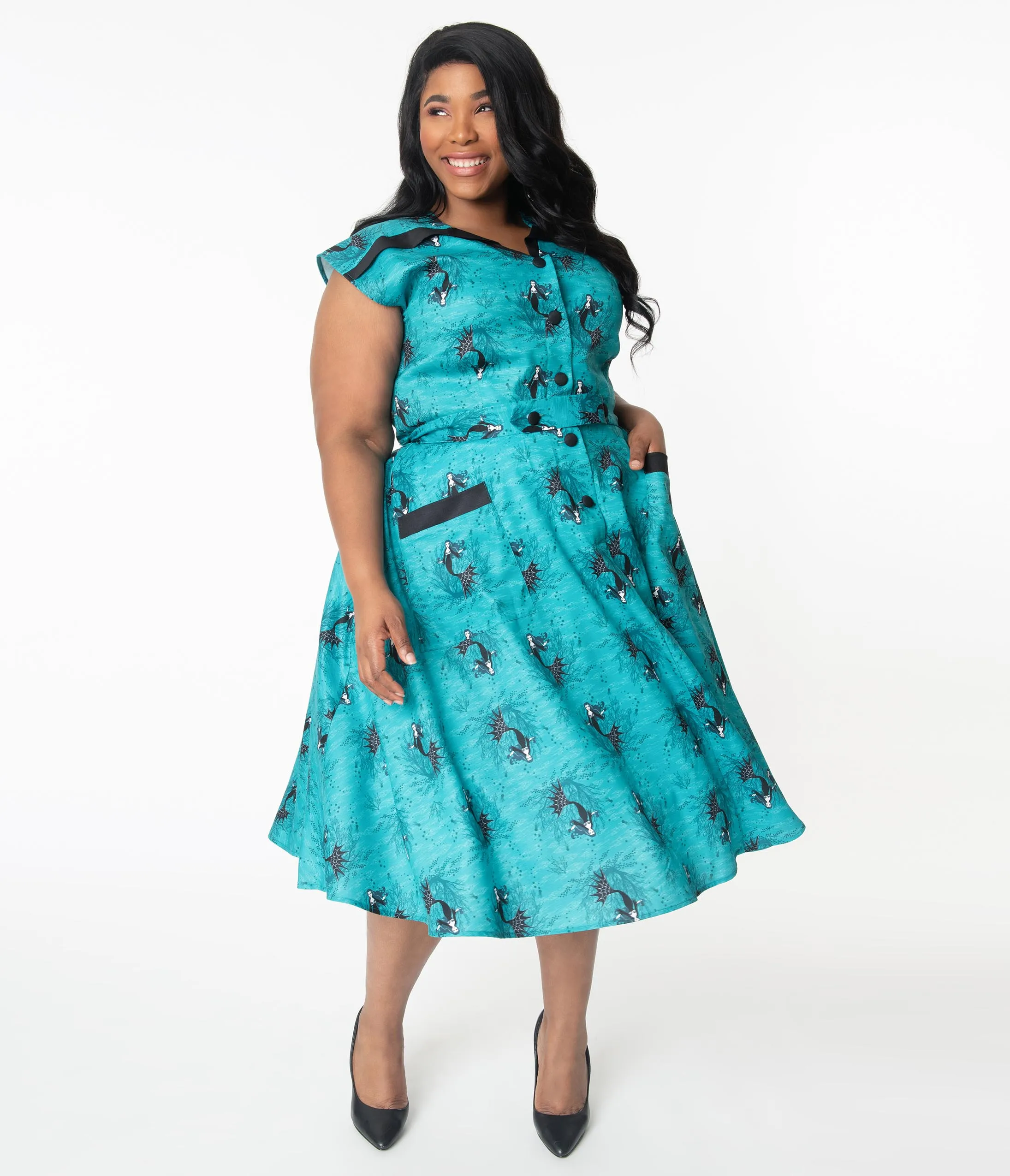 Unique Vintage Plus Size Aqua Vampire Mermaid Print Hedda Swing Dress