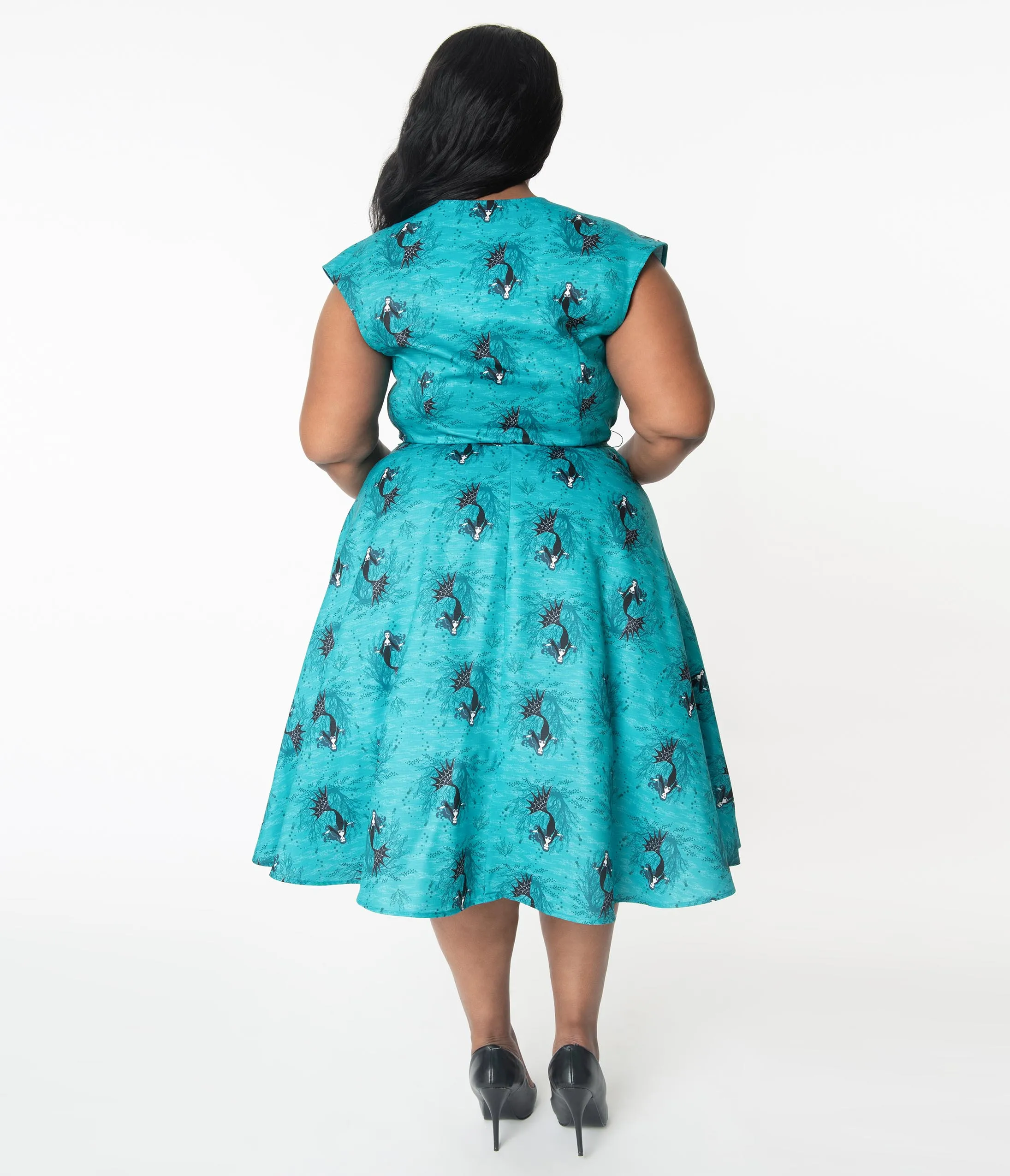 Unique Vintage Plus Size Aqua Vampire Mermaid Print Hedda Swing Dress