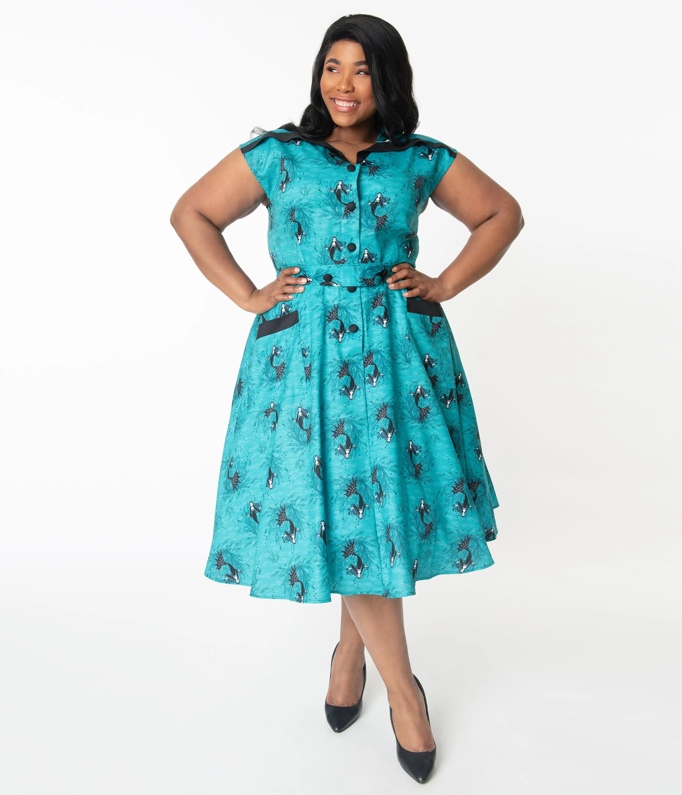 Unique Vintage Plus Size Aqua Vampire Mermaid Print Hedda Swing Dress