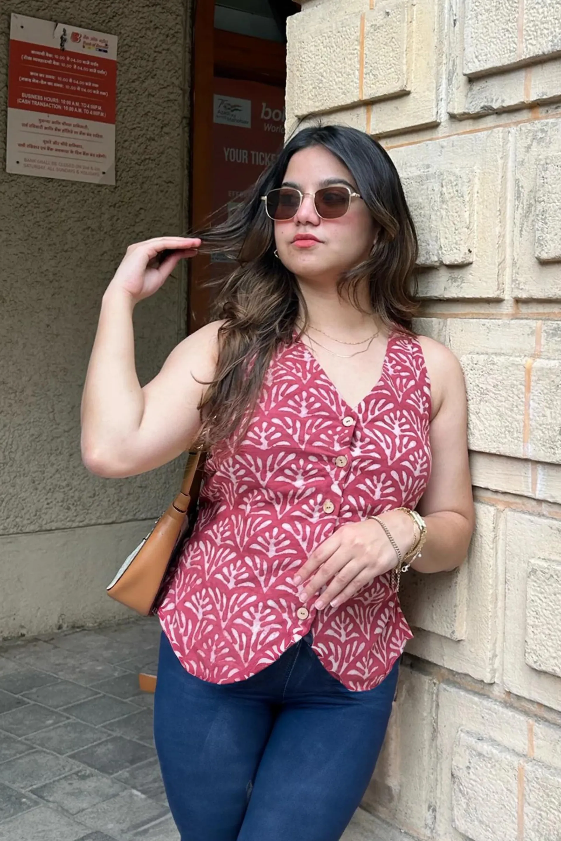 V- Neck Geometric Print Maroon Vest