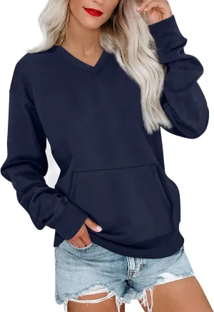 V Neck Sweatshirt Women Fleece Pocket Cute Sweatshirts No Hood Oversized Comfy Hoodie Y2k Soft Winter Clothes