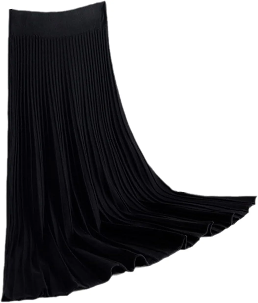 Vertical Striped Knitted Women Sweater Skirt Elastic Band Pleated Midi Skirts Chic High Waist A-Line Skirts