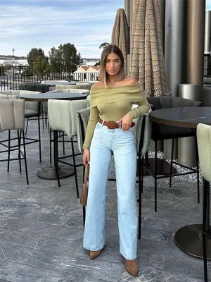Wenkouban-Christmas Thanksgiving outfits_Elegant Slim Green Off-Shoulder Long Sleeve Female Chic Christmas Sweater