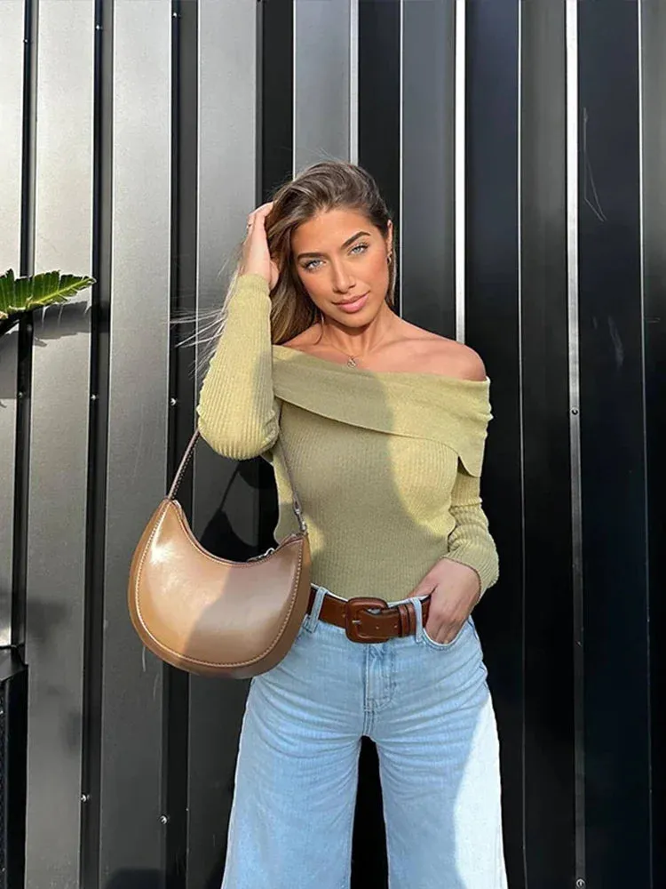 Wenkouban-Christmas Thanksgiving outfits_Elegant Slim Green Off-Shoulder Long Sleeve Female Chic Christmas Sweater