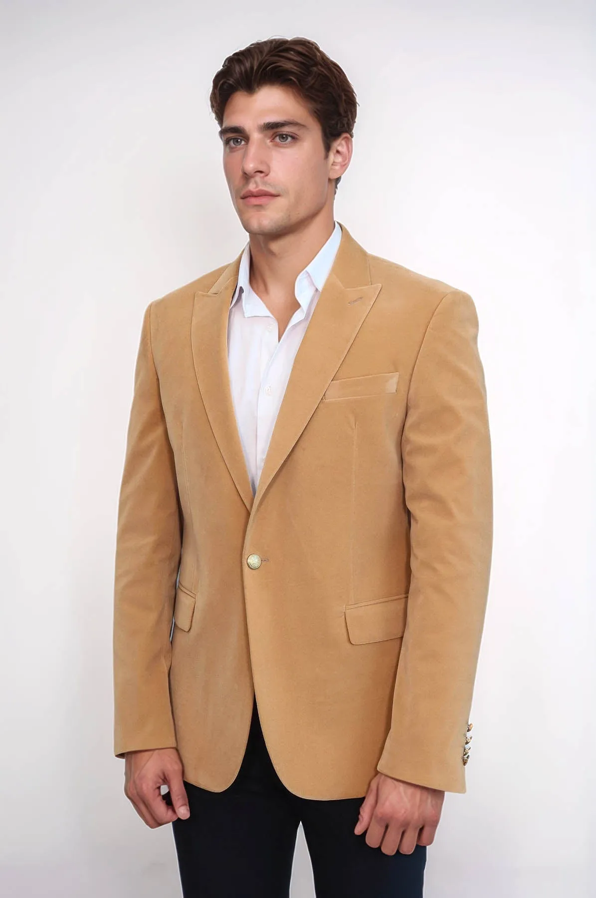 Wide Lapel Velvet Apricot Men Blazer - Wessi