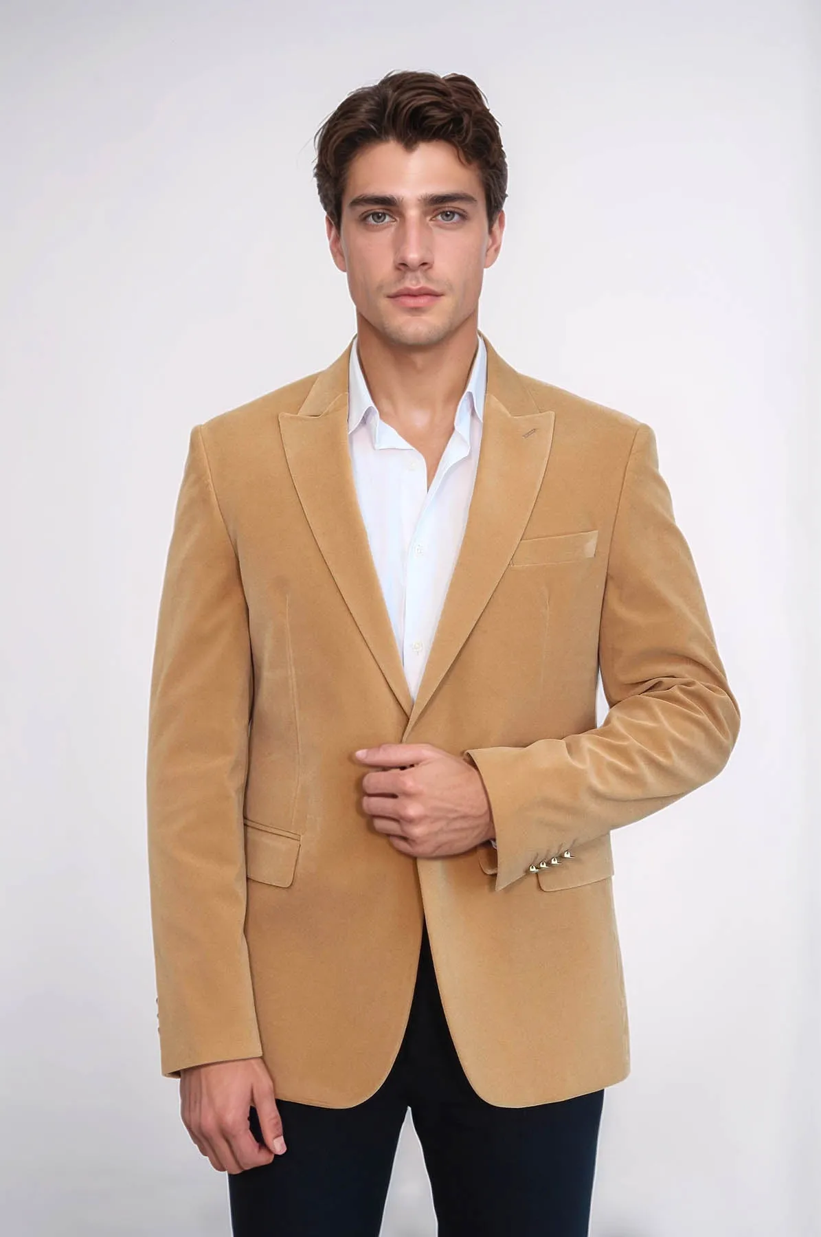 Wide Lapel Velvet Apricot Men Blazer - Wessi