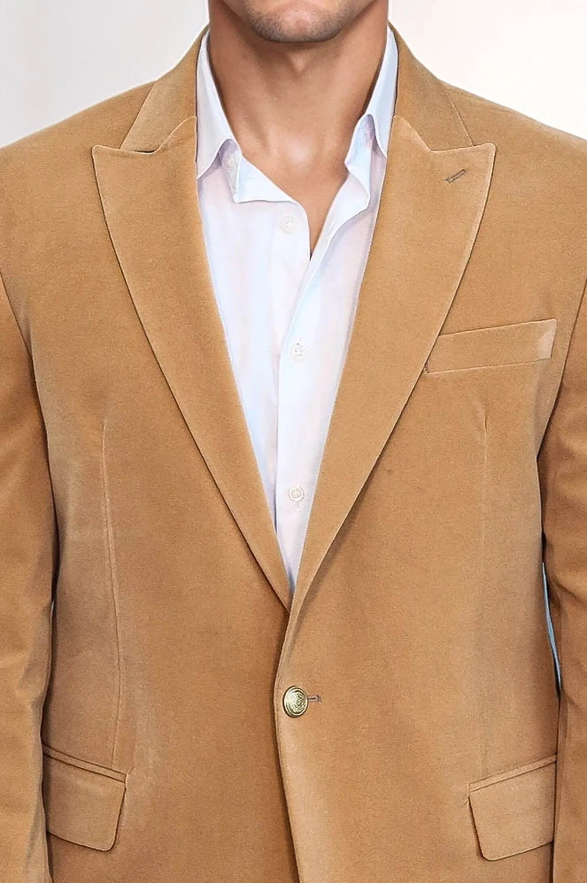 Wide Lapel Velvet Apricot Men Blazer - Wessi