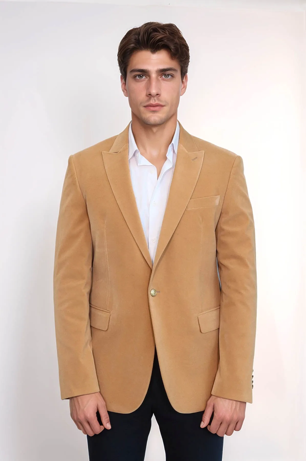 Wide Lapel Velvet Apricot Men Blazer - Wessi
