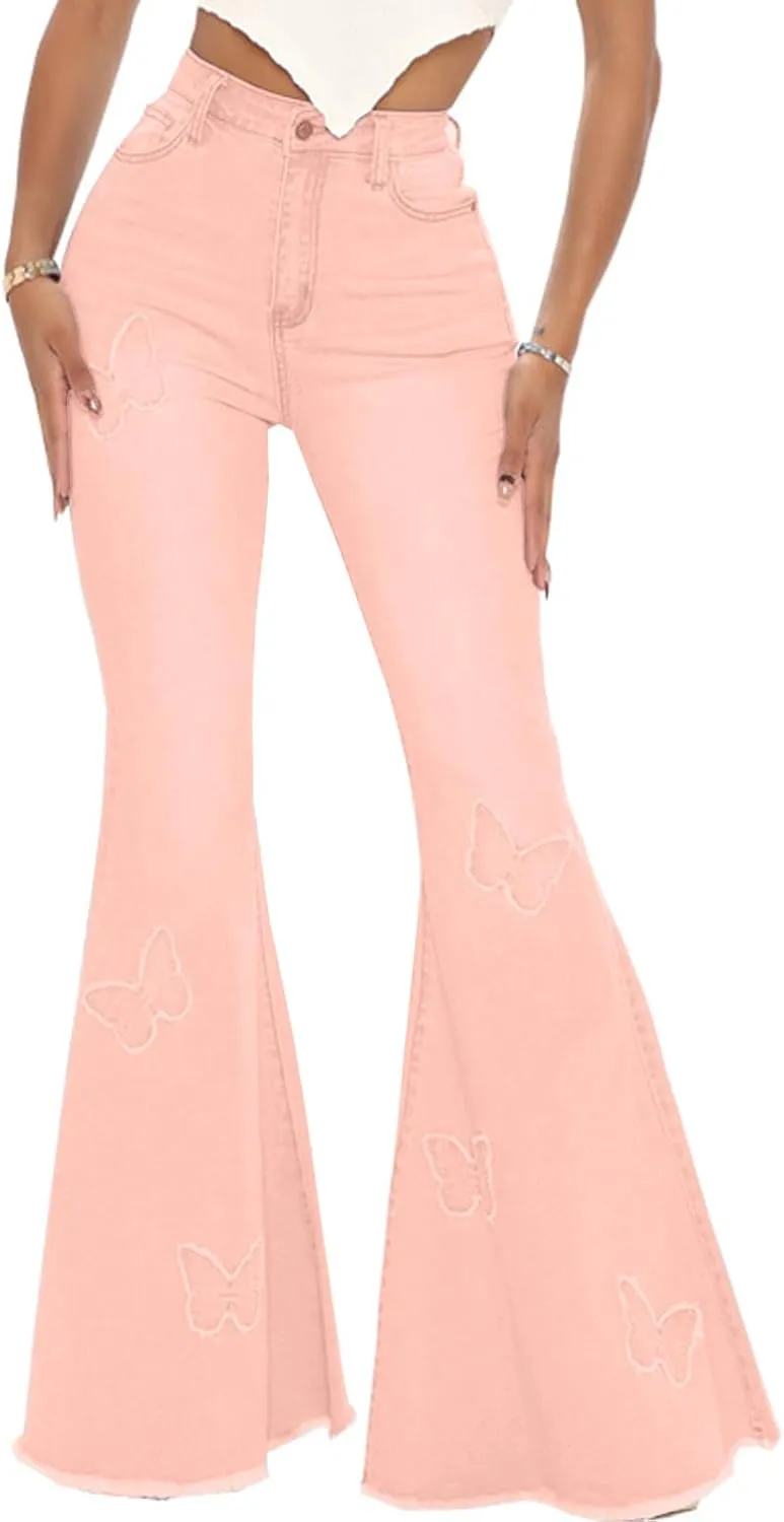 Women Bell Bottom Jeans High Waisted Flare Jean Ripped Hole Classic Denim Bell Bottom Pants