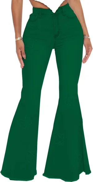 Women Bell Bottom Jeans High Waisted Flare Jean Ripped Hole Classic Denim Bell Bottom Pants