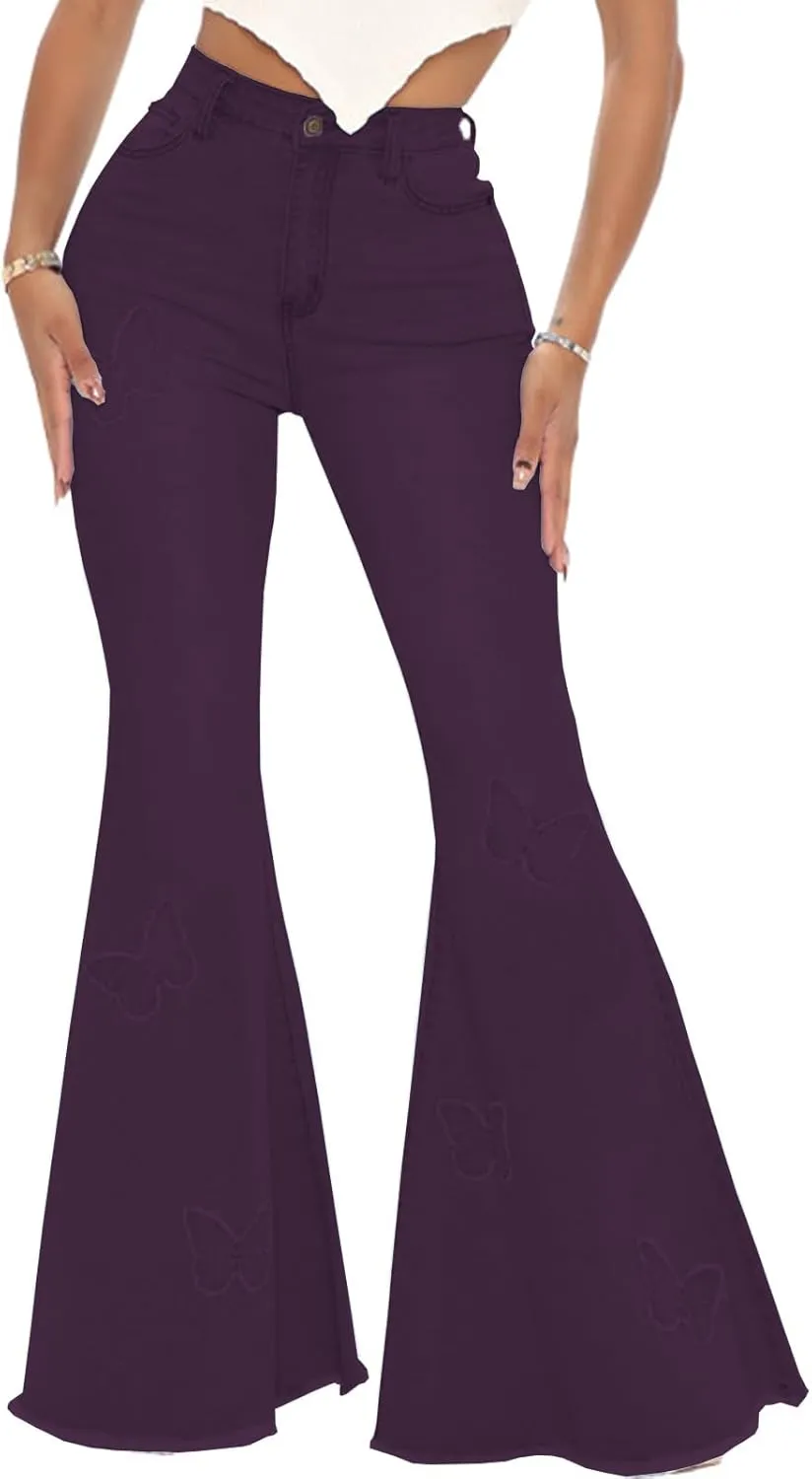 Women Bell Bottom Jeans High Waisted Flare Jean Ripped Hole Classic Denim Bell Bottom Pants