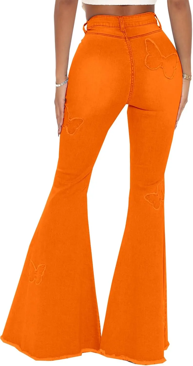 Women Bell Bottom Jeans High Waisted Flare Jean Ripped Hole Classic Denim Bell Bottom Pants