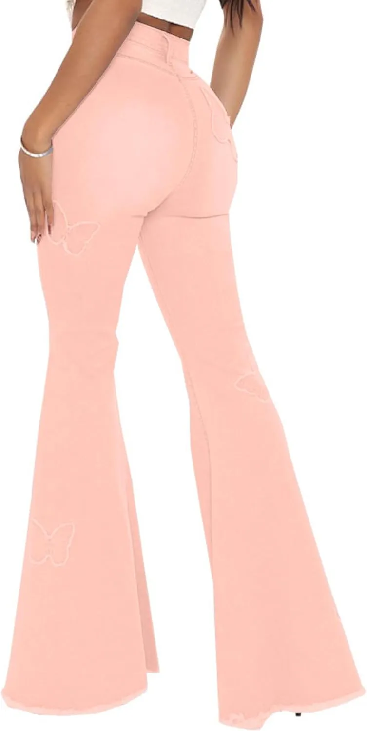 Women Bell Bottom Jeans High Waisted Flare Jean Ripped Hole Classic Denim Bell Bottom Pants