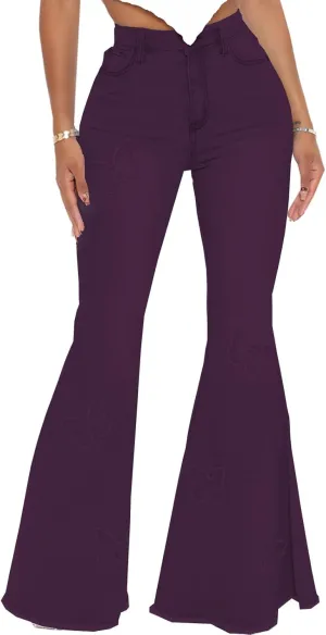 Women Bell Bottom Jeans High Waisted Flare Jean Ripped Hole Classic Denim Bell Bottom Pants