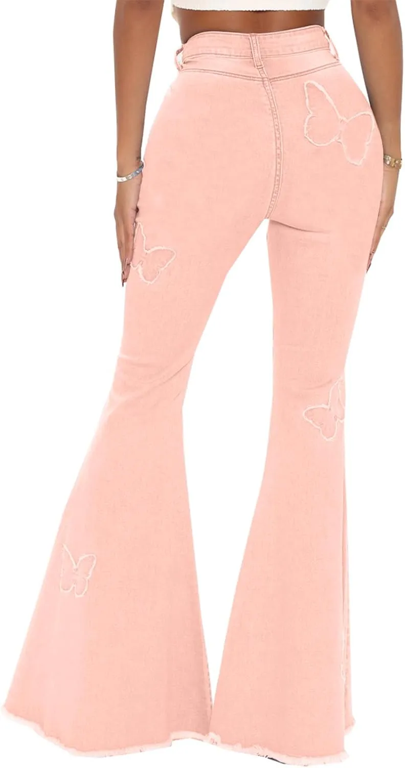 Women Bell Bottom Jeans High Waisted Flare Jean Ripped Hole Classic Denim Bell Bottom Pants