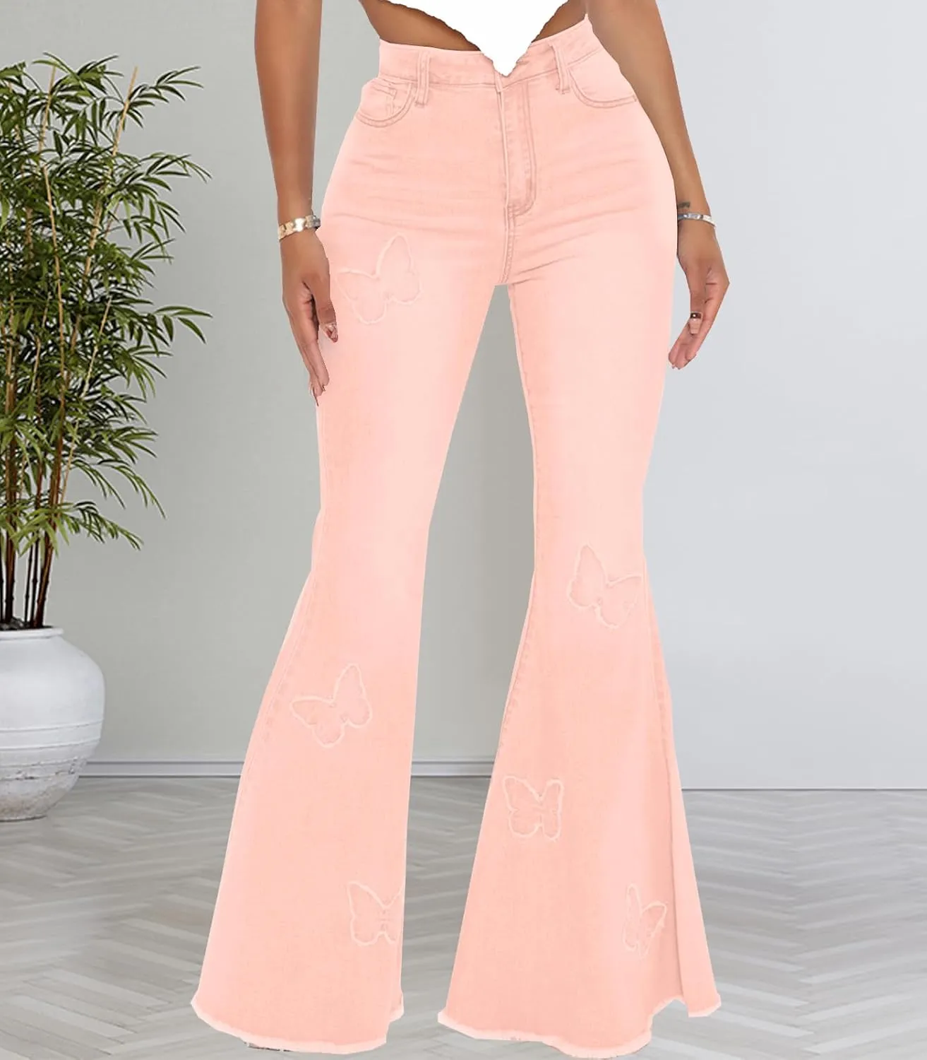 Women Bell Bottom Jeans High Waisted Flare Jean Ripped Hole Classic Denim Bell Bottom Pants