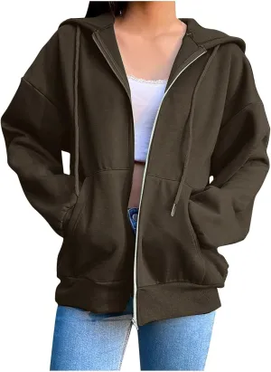 Women Hooded Full Zip Drawstring Sweatshirts Long Sleeve Oversized Casual Lightweight Jacket Winter Fashion Outfits