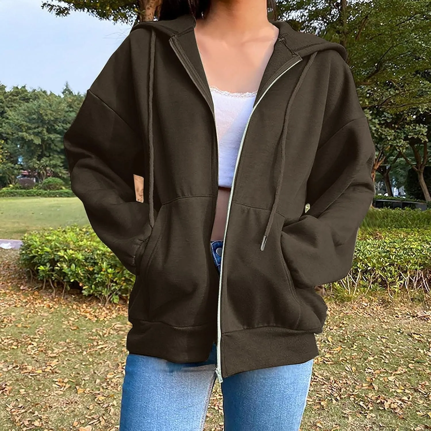 Women Hooded Full Zip Drawstring Sweatshirts Long Sleeve Oversized Casual Lightweight Jacket Winter Fashion Outfits