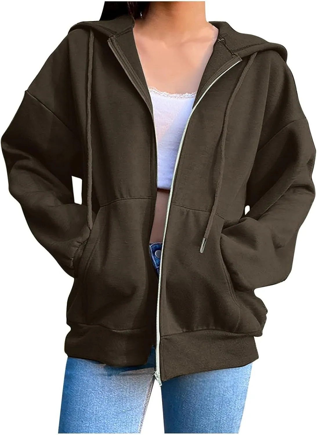 Women Hooded Full Zip Drawstring Sweatshirts Long Sleeve Oversized Casual Lightweight Jacket Winter Fashion Outfits