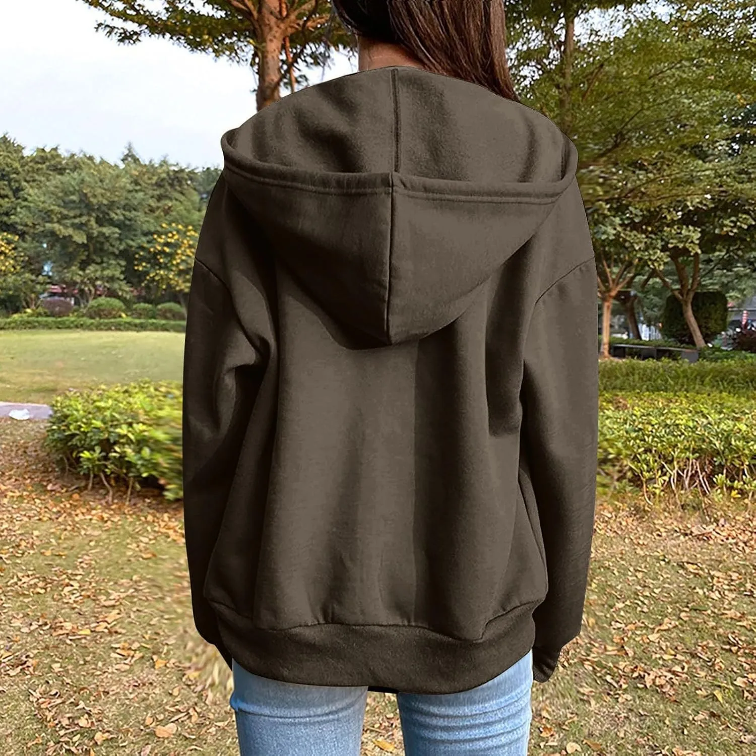 Women Hooded Full Zip Drawstring Sweatshirts Long Sleeve Oversized Casual Lightweight Jacket Winter Fashion Outfits