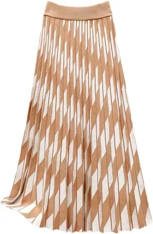 Women Plaid Print Knit Long Skirt Vintage High Waist A Line Pleated Midi Skirts
