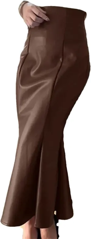 Women PU Leather Maxi Skirt Autumn High Waist Vintage Package Hip Fishtail Skirt Casual Party Skirt