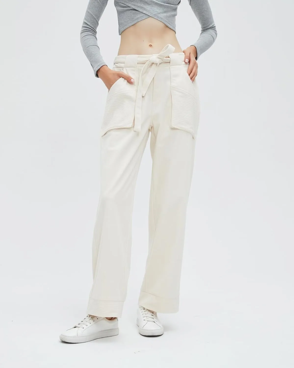 Women's Corduroy Pants Straight Leg Elastic High Waist Belt Cord Pants Trousers with Pockets