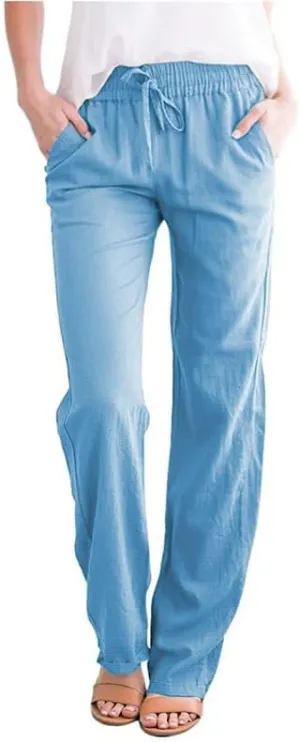 Women's Drawstring Elastic High Waist Trousers Solid Casual Loose Wide Leg Pants with Pockets