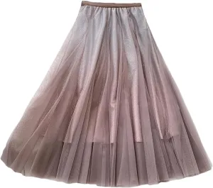 Womens High Waist Midi Gradient Skirts Casual Tulle Long A-Line Swing Pleated Skirt