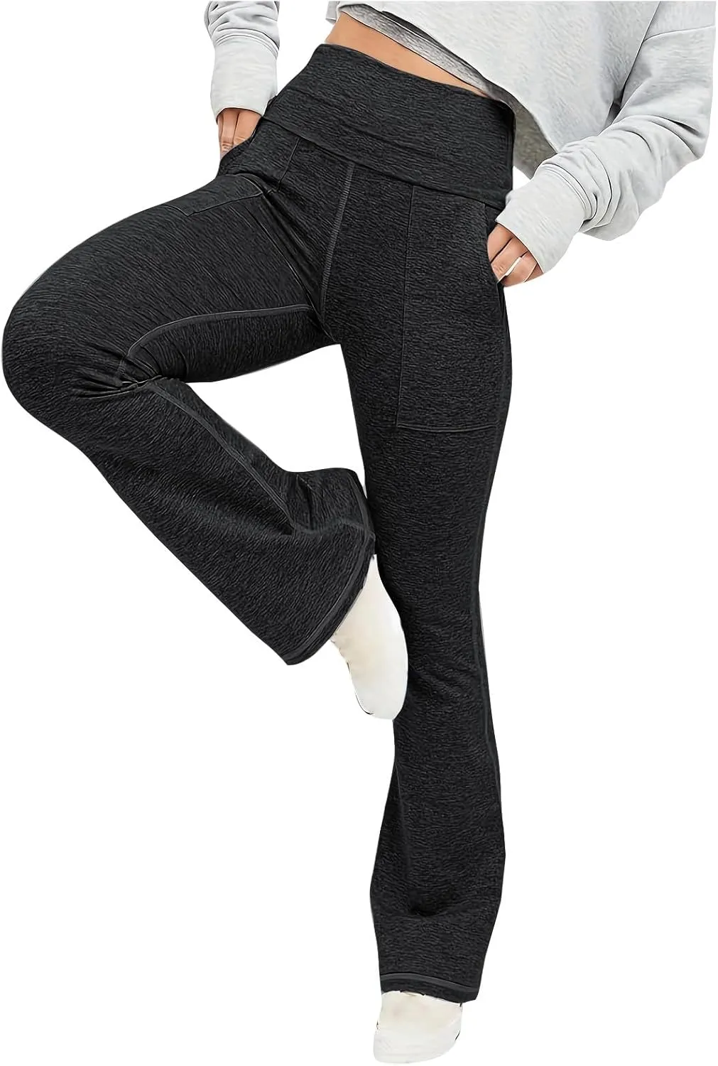 Women's High Waist Yoga Pants Casual Flared Trousers Solid Elastic Waist Pocket Pants Slim Fit Stretchy Stylish Pants