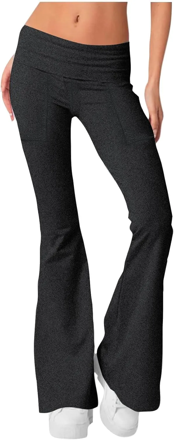Women's High Waist Yoga Pants Casual Flared Trousers Solid Elastic Waist Pocket Pants Slim Fit Stretchy Stylish Pants