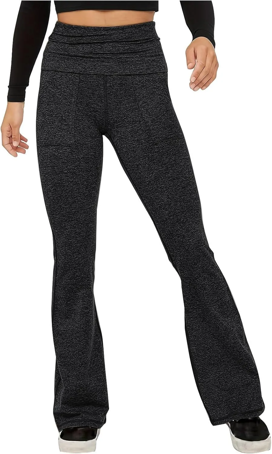 Women's High Waist Yoga Pants Casual Flared Trousers Solid Elastic Waist Pocket Pants Slim Fit Stretchy Stylish Pants