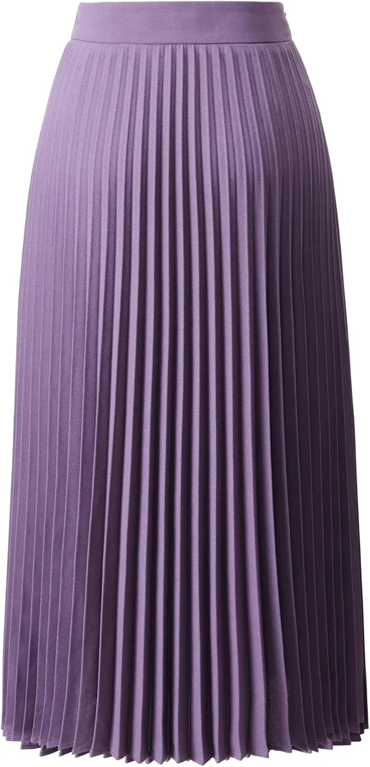 Women's High Waisted Pleated Midi Skirt with Zipper Closure, Solid Color
