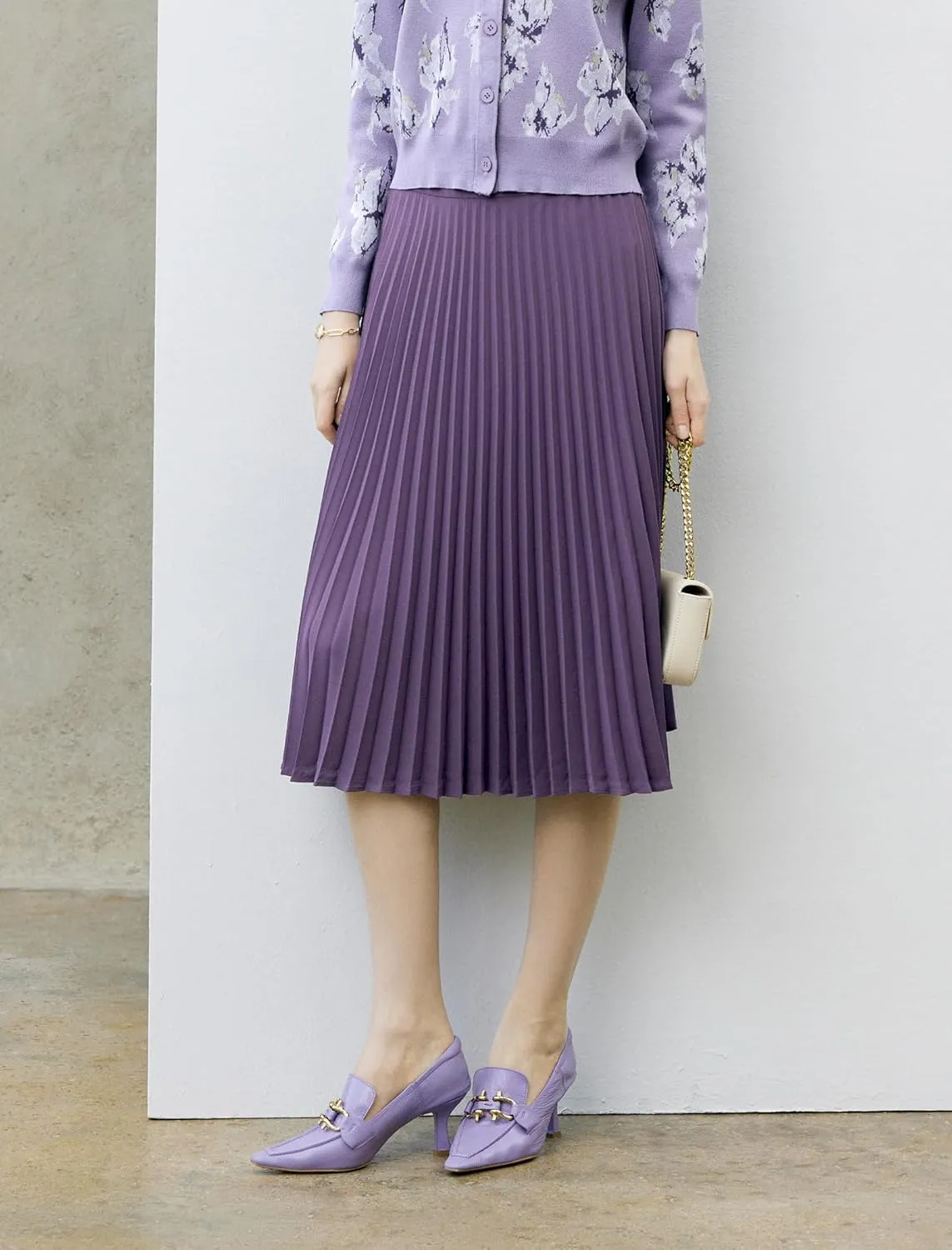 Women's High Waisted Pleated Midi Skirt with Zipper Closure, Solid Color