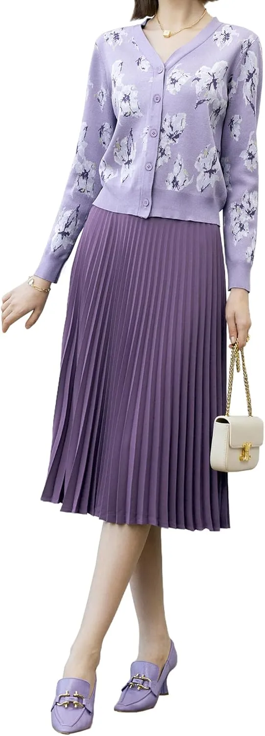 Women's High Waisted Pleated Midi Skirt with Zipper Closure, Solid Color
