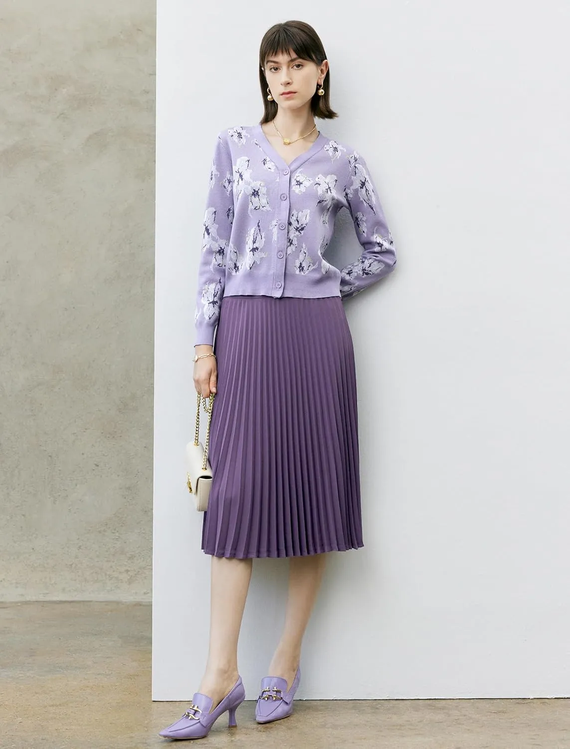 Women's High Waisted Pleated Midi Skirt with Zipper Closure, Solid Color