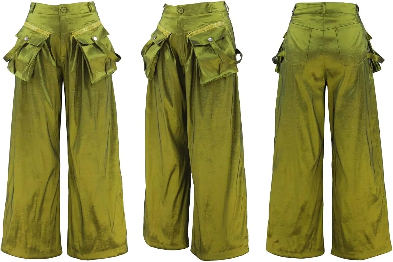Women's High Waisted Wide Leg Satin Cargo Pants Flowy Trousers with Zipper Pockets
