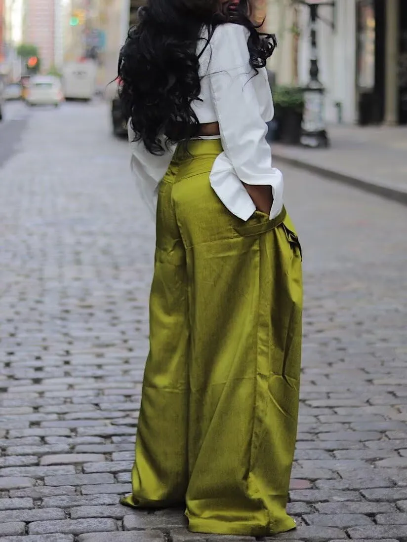 Women's High Waisted Wide Leg Satin Cargo Pants Flowy Trousers with Zipper Pockets