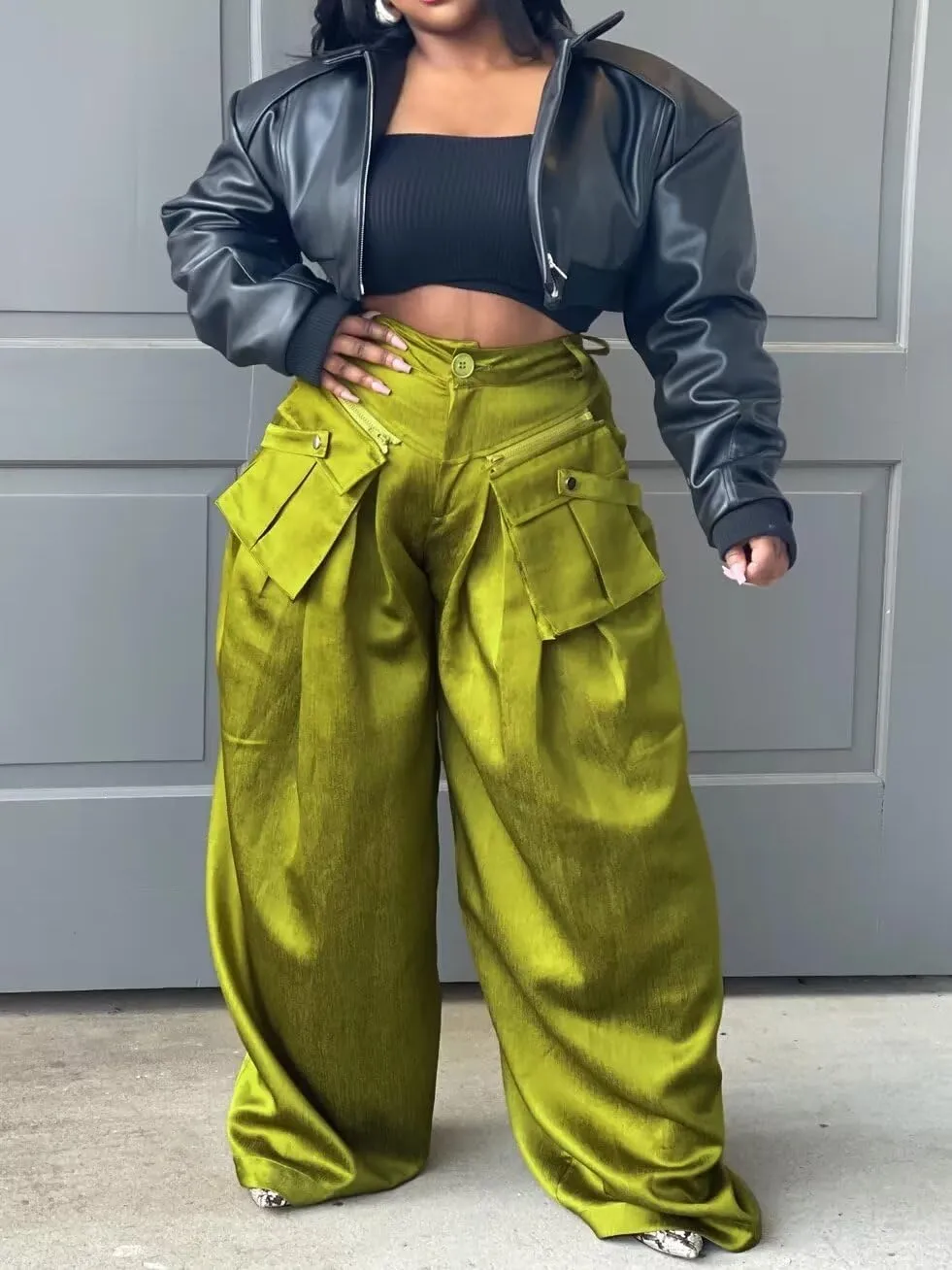 Women's High Waisted Wide Leg Satin Cargo Pants Flowy Trousers with Zipper Pockets