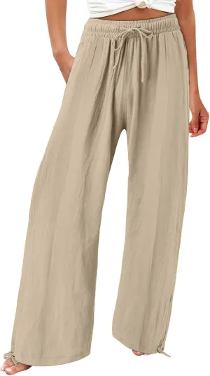 Womens Linen Pants Summer Casual Wide Leg Palazzo Pants Smocked High Waist Flowy Beach Trousers Outfits