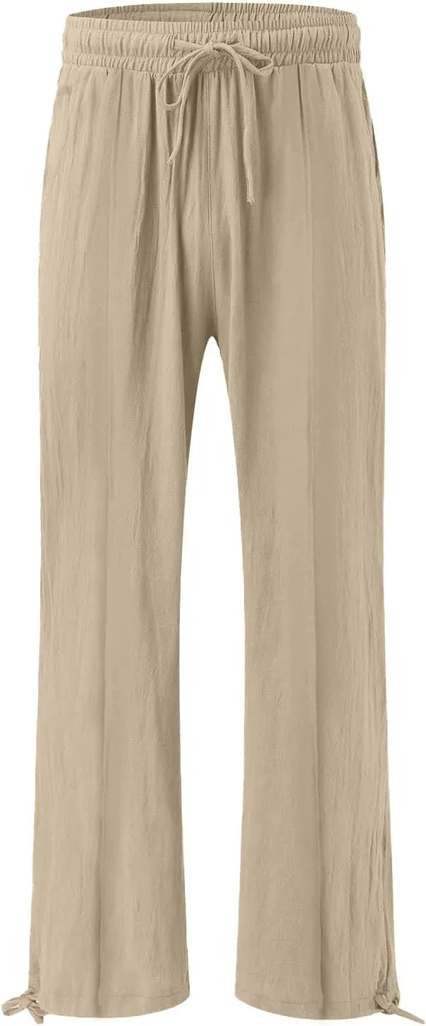 Womens Linen Pants Summer Casual Wide Leg Palazzo Pants Smocked High Waist Flowy Beach Trousers Outfits