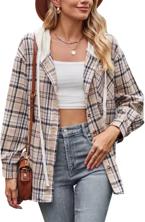 Womens Long Sleeve Plaid Hoodie Jacket Button Down Casual Boyfriend Blouse Shirts Tops Flannel Shirts with Pocket