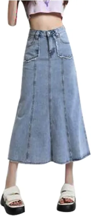 Women's Loose and Versatile Slim Fishtail Denim Skirt Mini Skirt Plaid Pleated