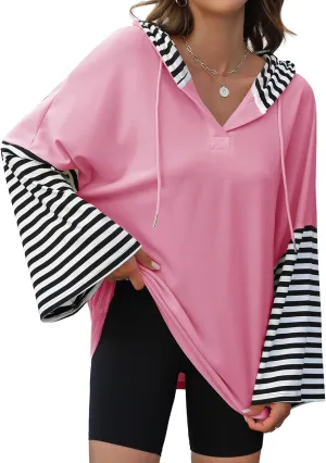 Womens Oversized Hoodie Y2K Casual Striped Sweatshirt Long Sleeve V Neck Pullover Tops Loose Fit Fall Clothes