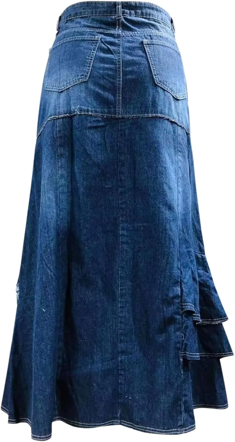 Womens Skirt High Waisted Washed Fashion Versatile Denim Long Skirt Midi Length A Line Denim Midi Skirts for