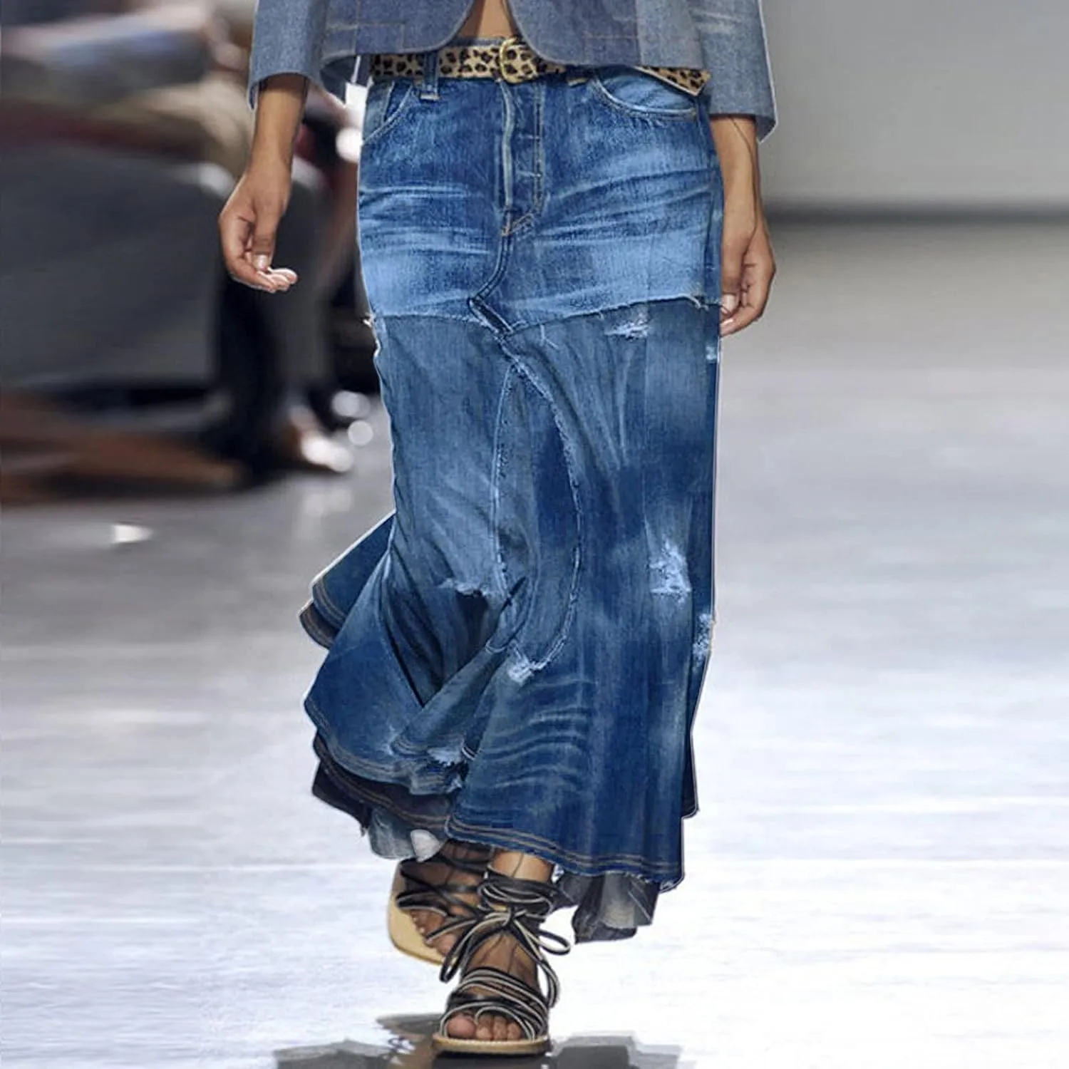 Womens Skirt High Waisted Washed Fashion Versatile Denim Long Skirt Midi Length A Line Denim Midi Skirts for