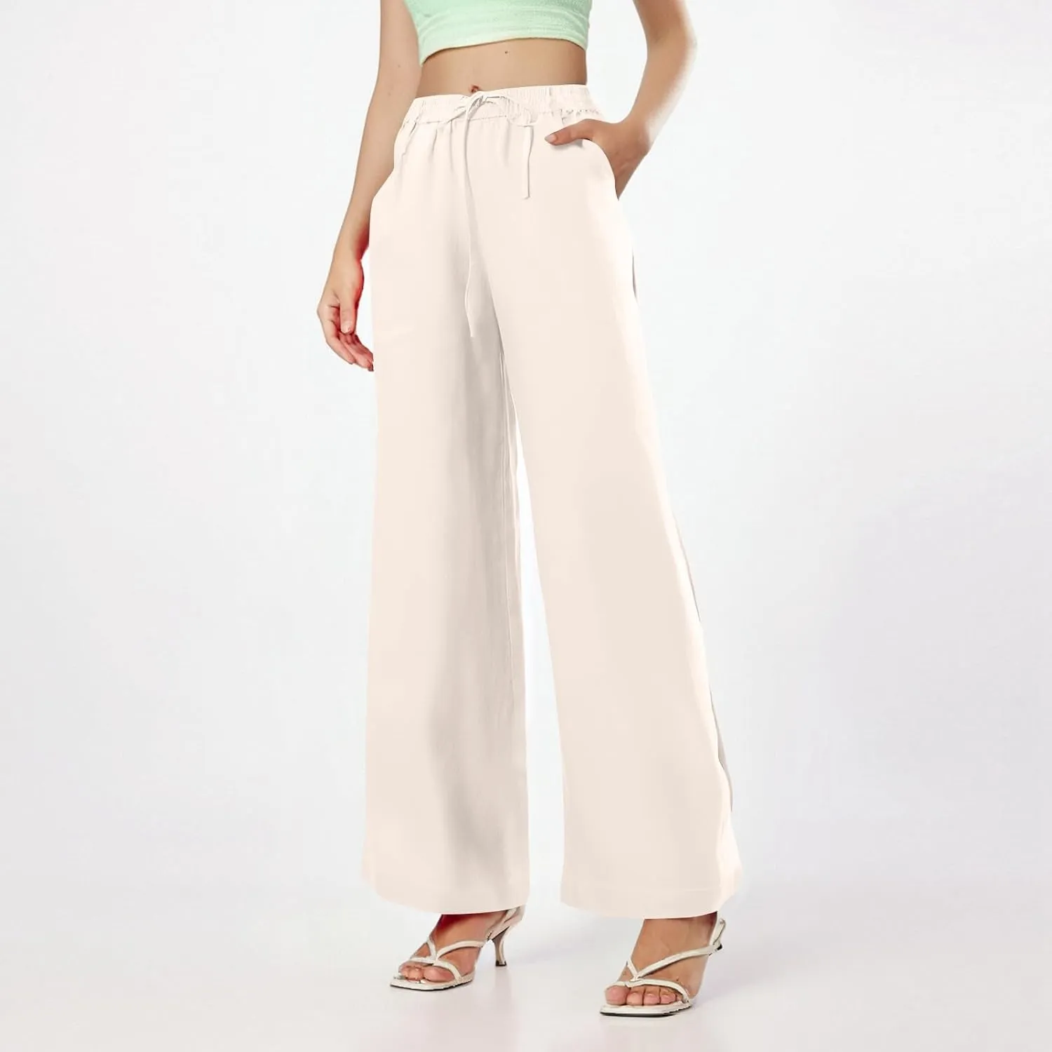 Womens Sweatpants Wide Leg Linen Pants Summer Drastring Adjustable Palazzo Pants Lounge Pants with Pockets