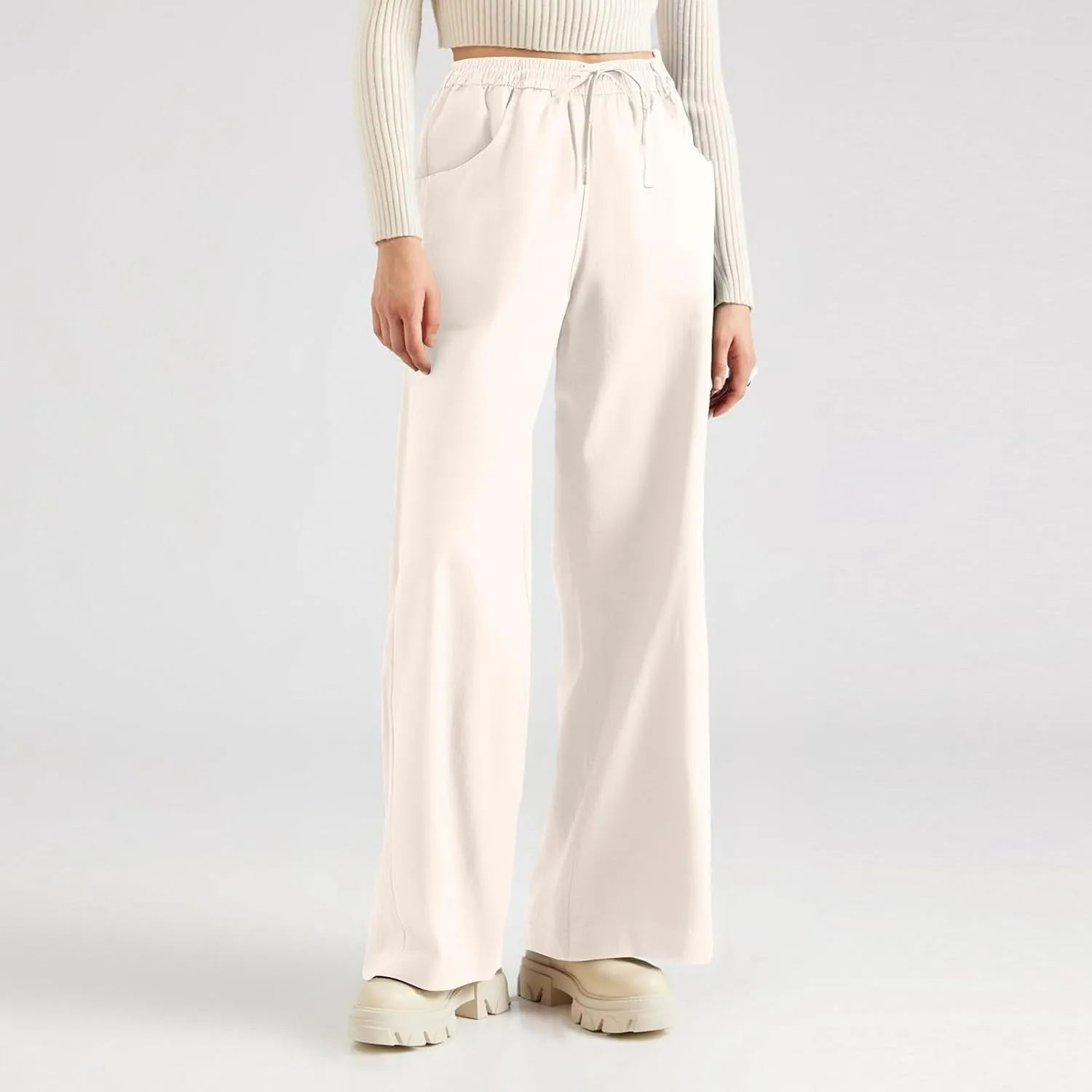 Womens Sweatpants Wide Leg Linen Pants Summer Drastring Adjustable Palazzo Pants Lounge Pants with Pockets